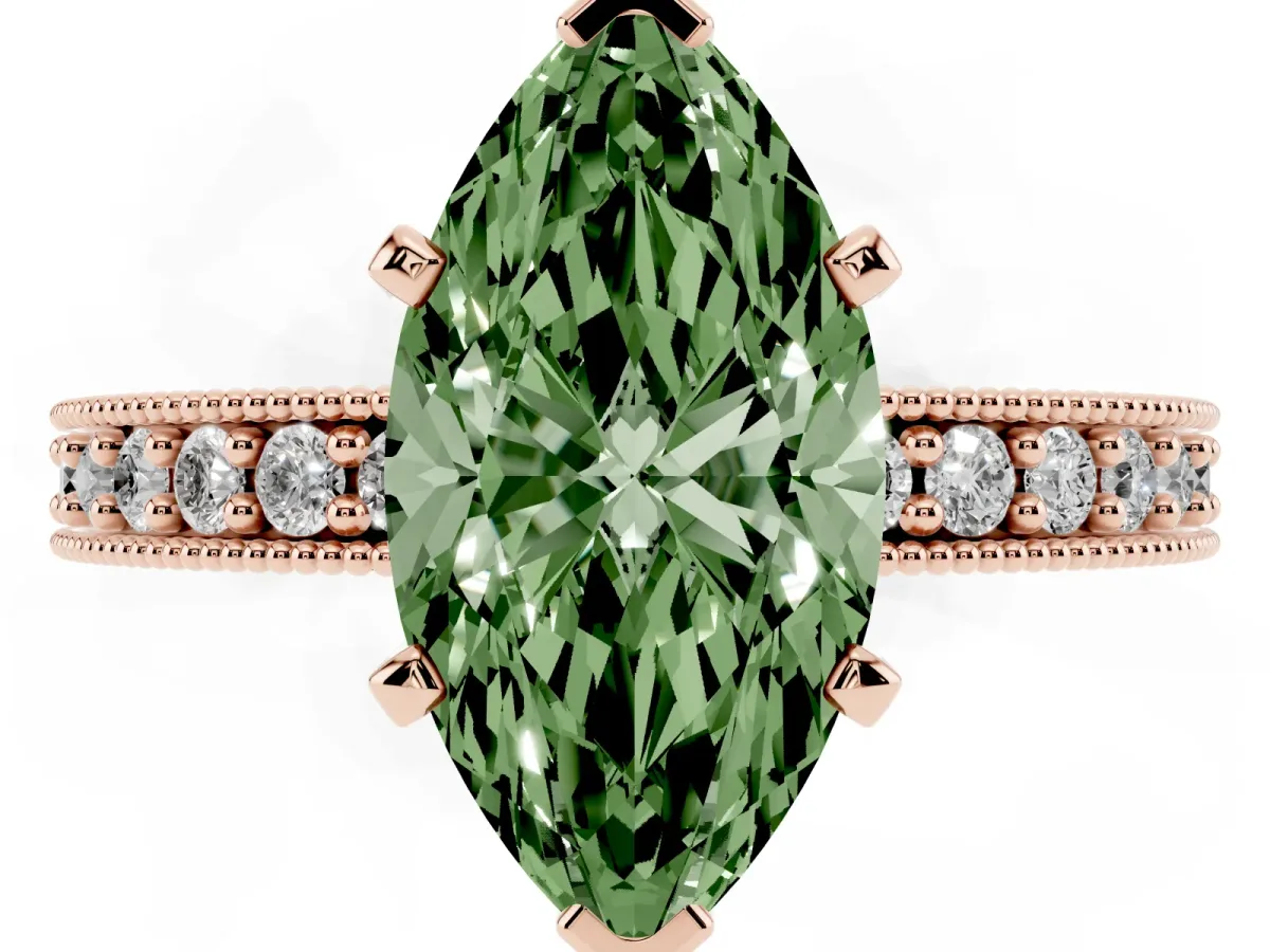 Fancy Green Marquise Cut Diamond Milgrain Pavé Engagement Ring with Four-Prong Setting Rose gold