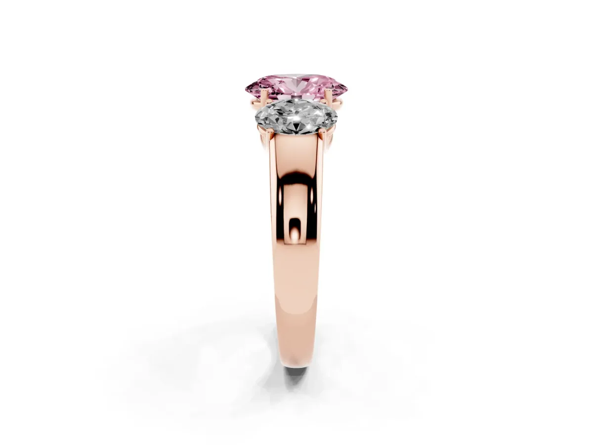 Fancy Pink Three-Stone Oval Cut Cut Diamond Ring with Prong Setting and Classic Band Rose gold