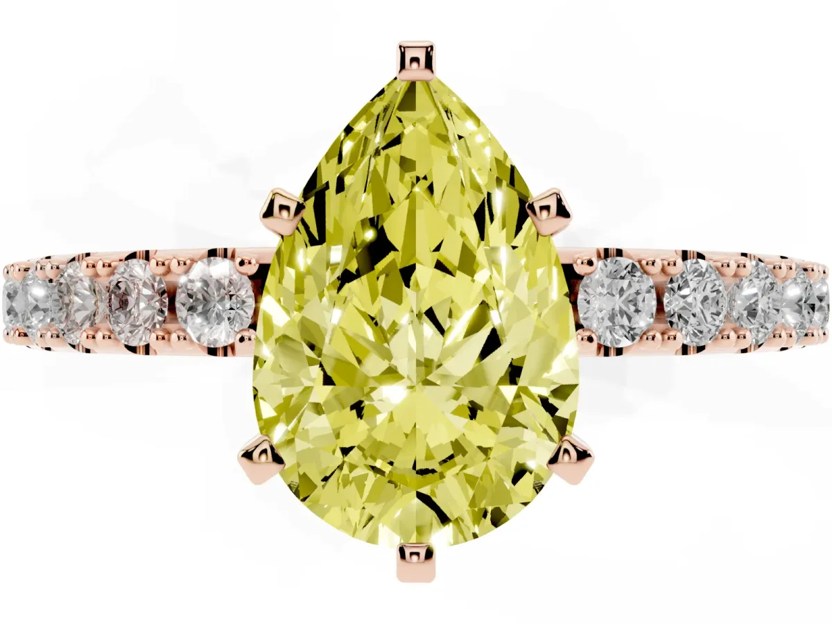 Fancy Yellow Pear Cut Diamond Solitaire Pavé Band with Four-Prong Setting Rose gold