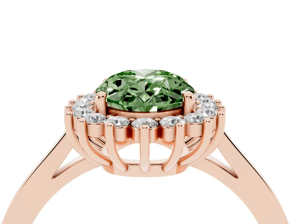 Fancy Green Oval Cut Cut Diamond Halo Ring with Round Brilliant Halo and Solitaire Band Rose gold