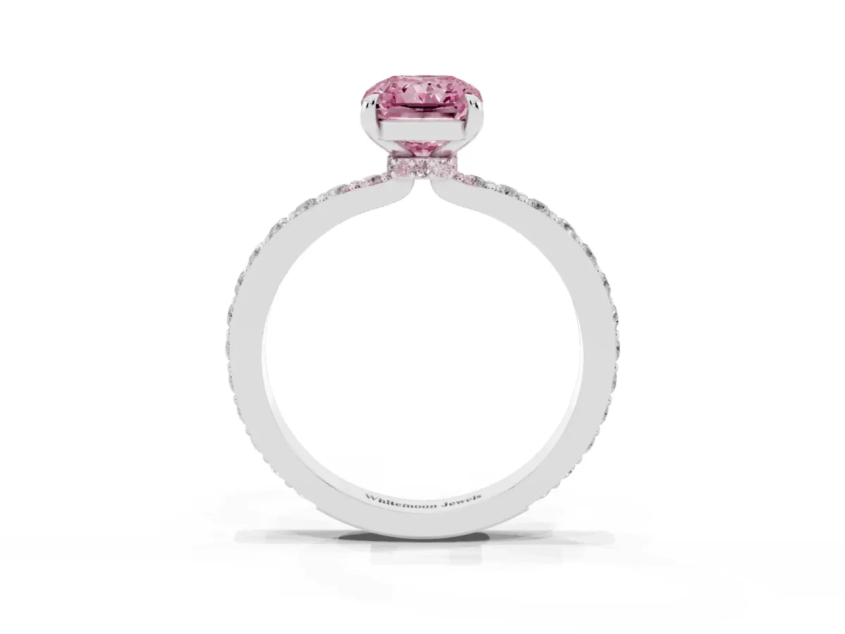 Fancy Pink Radiant Cut Diamond Pavé Engagement Ring with Round Accents and Prong Setting White gold