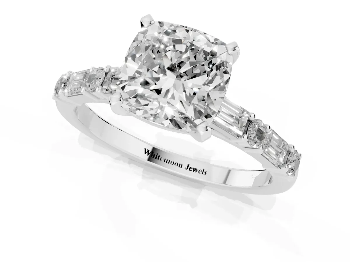 Cushion Cut Diamond Solitaire with Side Baguettes and Channel Set Band Platinum