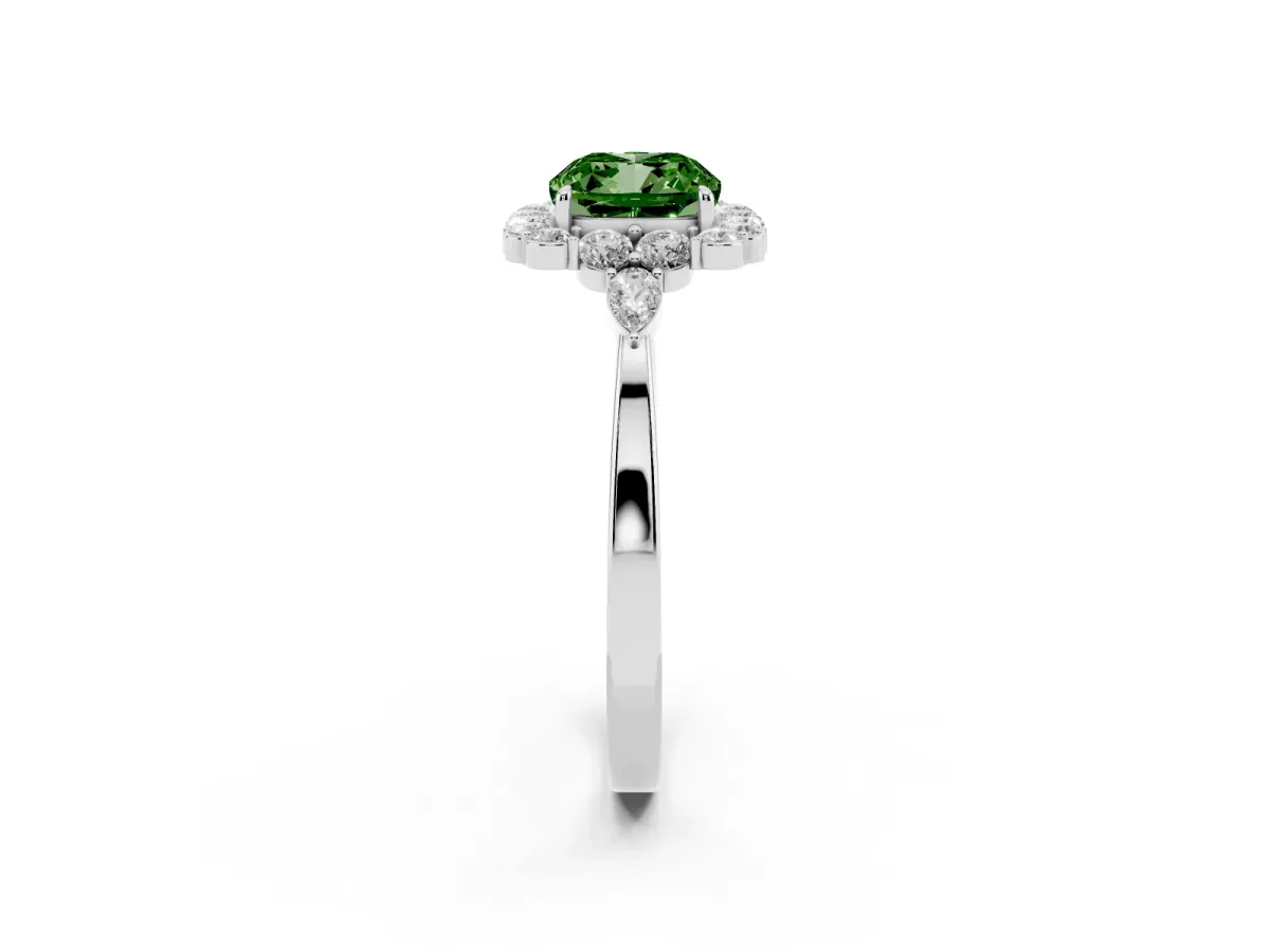 Fancy Green Cushion Cut Diamond Halo Ring with Pear Side Stones and Prong Setting Silver