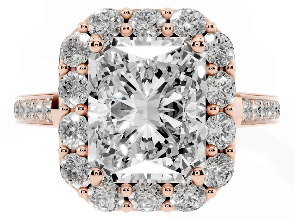 Radiant Cut Diamond Floral Halo Ring with Pavé Band and Prong Setting Rose gold