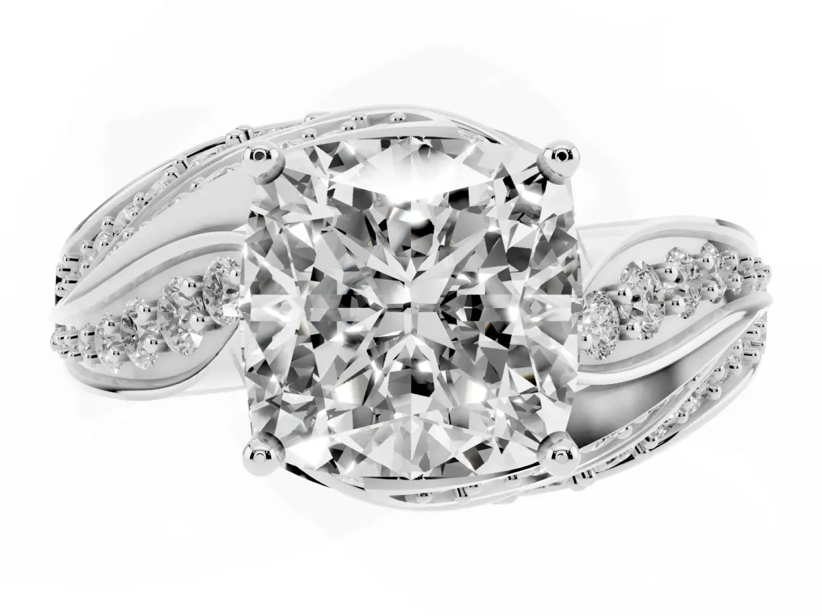 Cushion Cut Diamond Solitaire Ring with Prong Setting and Twisted Pavé Band Silver