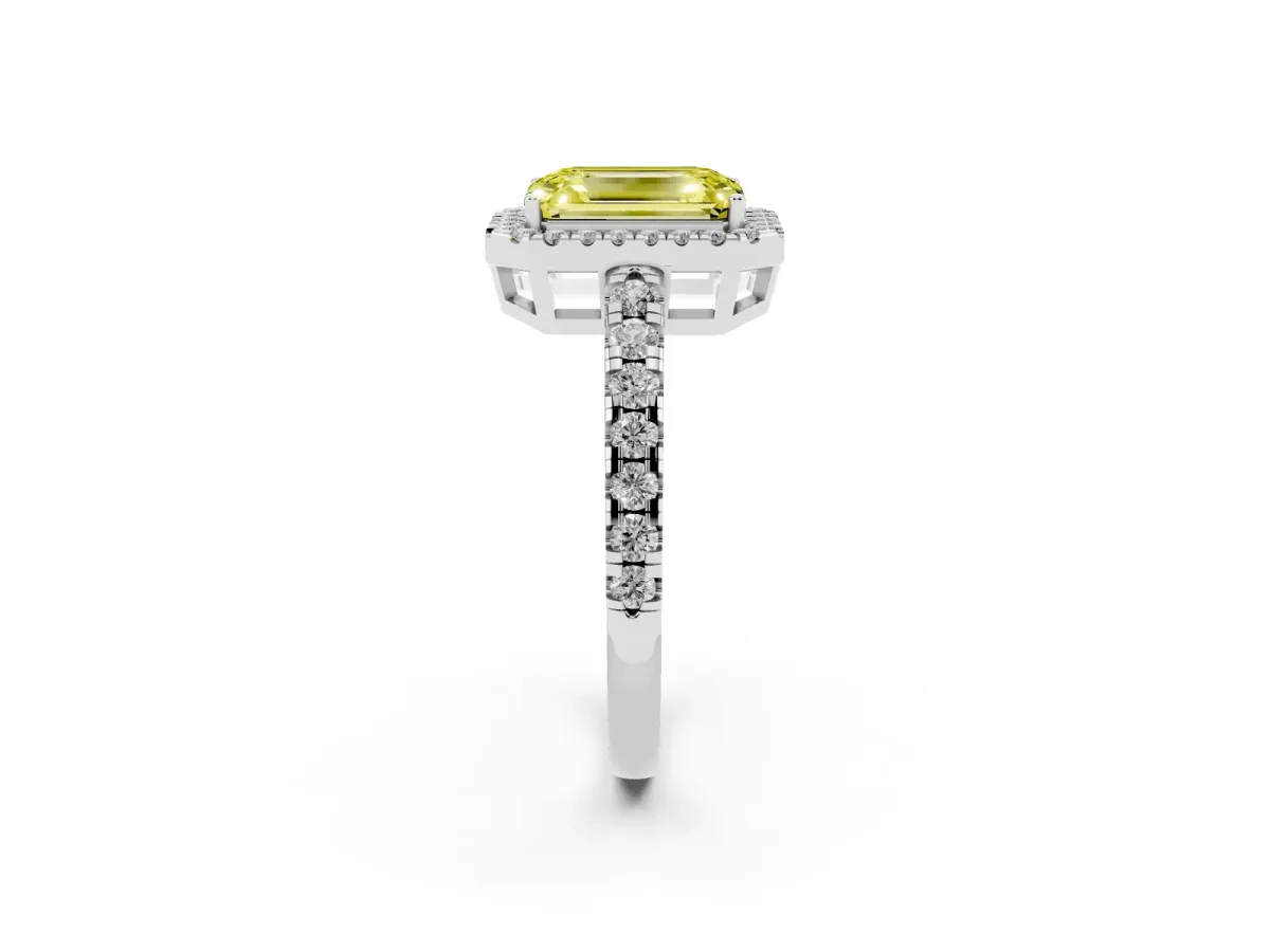 Fancy Yellow Emerald Cut Diamond Halo Ring with Pavé Band and Four-Prong Setting Platinum