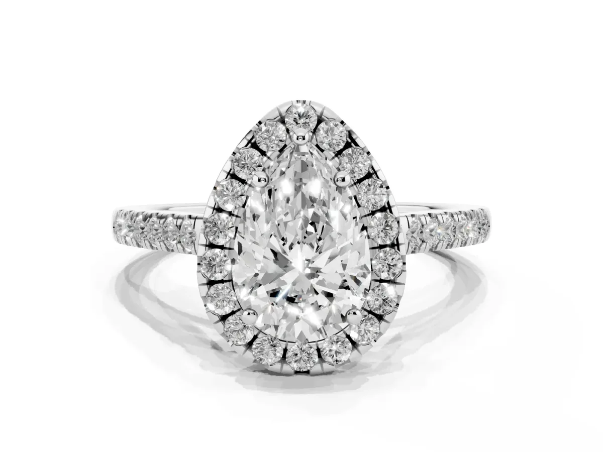 Pear Cut Halo Pavé Diamond Engagement Ring with Four-Prong Setting Silver