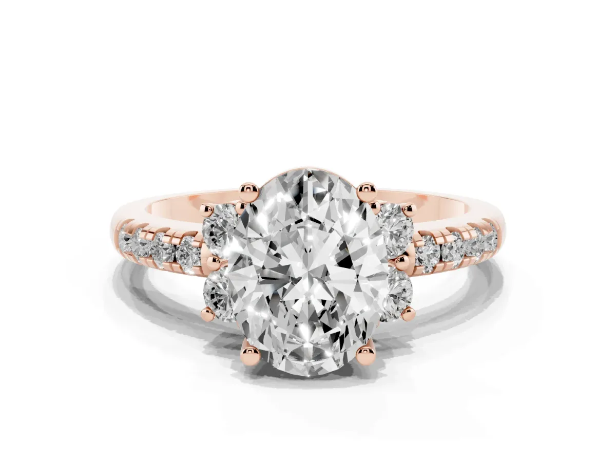 Oval Cut Diamond Three-Stone Pave Band with Four-Prong Setting Rose gold