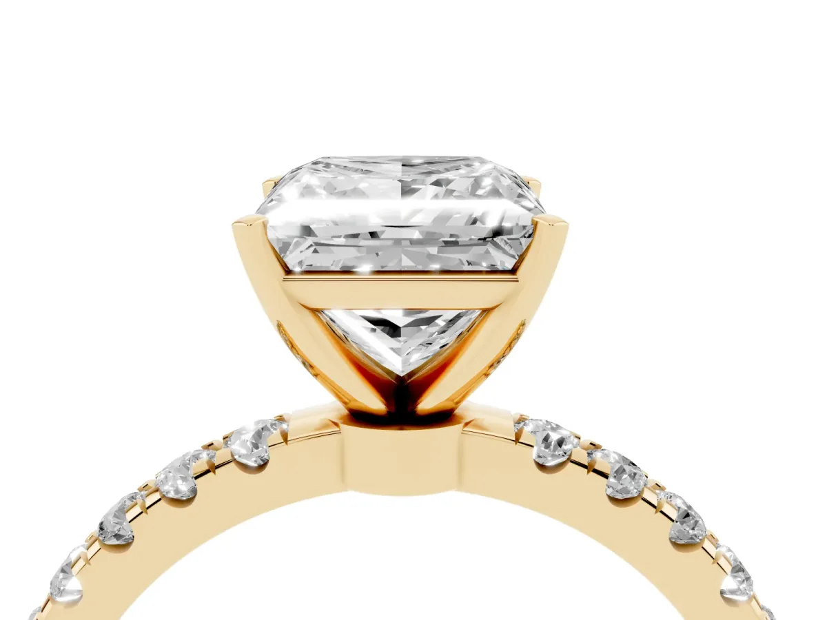Princess Cut Diamond Solitaire Ring with Pavé Accents and Four-Prong Setting Yellow gold