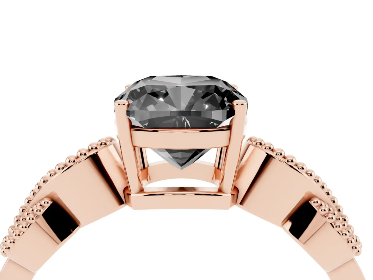 Fancy Black Cushion Cut Solitaire Milgrain Leaf Band with Prong Setting Rose gold