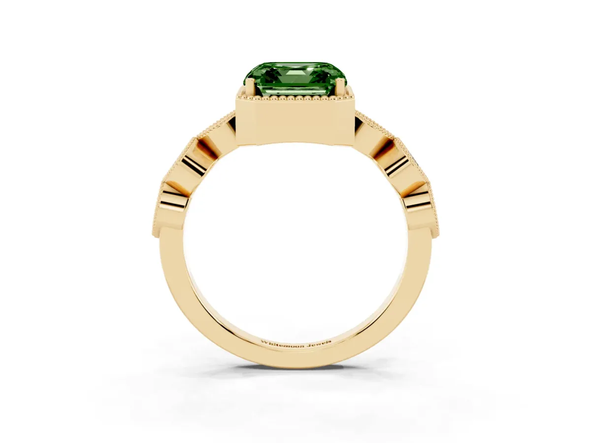 Fancy Green Asscher Cut Diamond Vintage Milgrain Ring with Round Stations Yellow gold