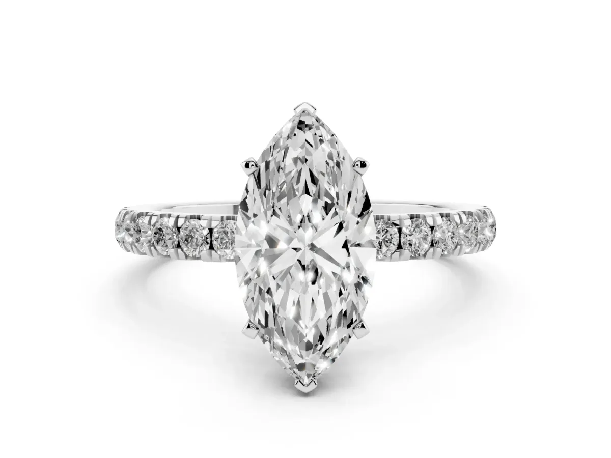 Marquise Cut Diamond Solitaire Ring with Pavé Accents and Four-Prong Setting Silver