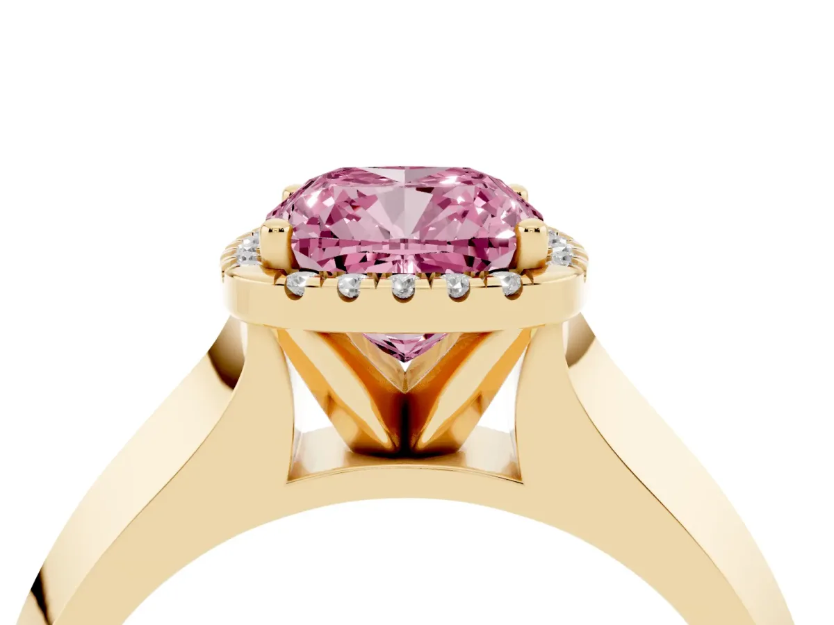 Fancy Pink Cushion Cut Halo Diamond Ring with Cathedral Band and Four-Prong Setting Yellow gold
