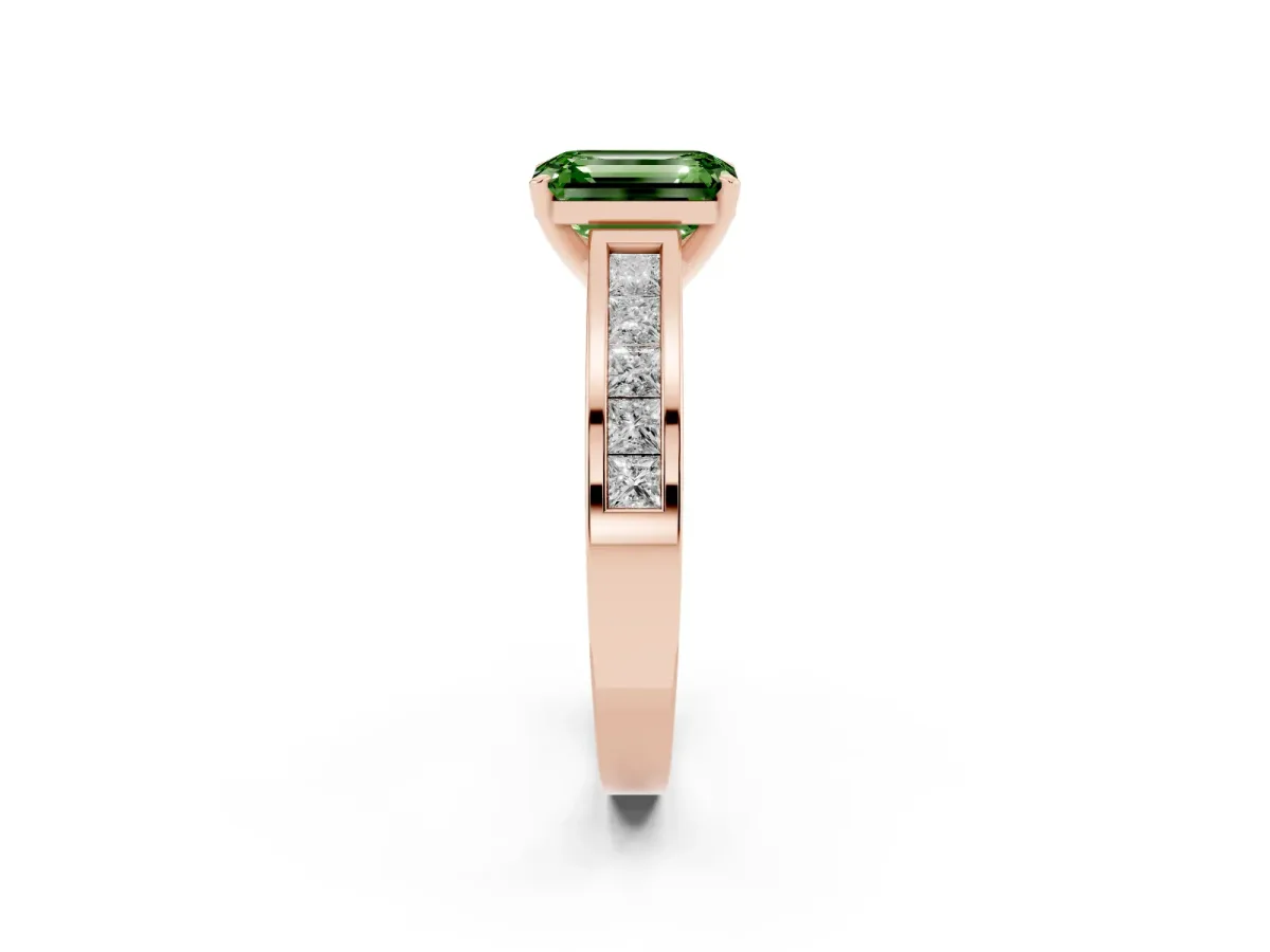 Fancy Green Emerald Cut Solitaire Diamond Ring with Channel-Set Band and Four-Prong Setting Rose gold