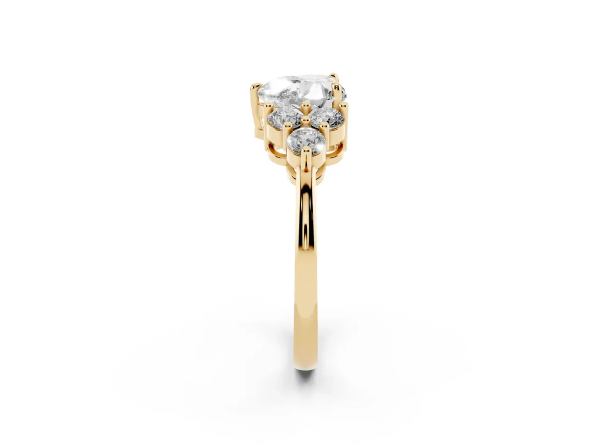 Heart Cut Brilliant Diamond Cluster Accent Solitaire Ring with Prong Setting Yellow gold
