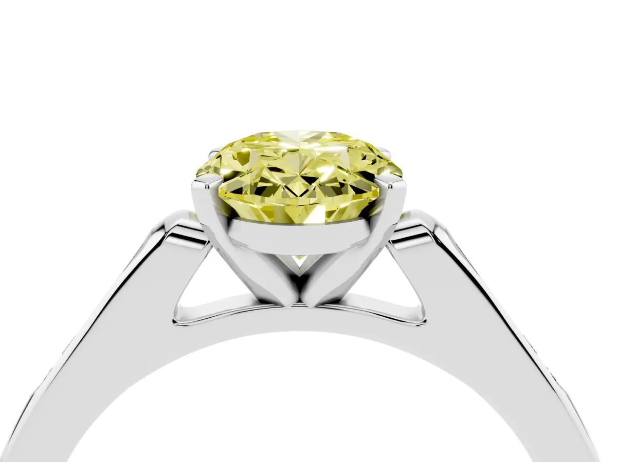 Fancy Yellow Oval Cut Diamond Solitaire Ring with Channel Set Round Band and Prong Setting Silver