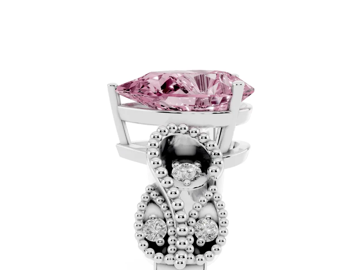 Fancy Pink Pear Cut Solitaire Milgrain Leaf Band with Prong Setting White gold