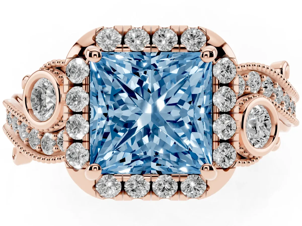 Fancy Blue Princess Cut Diamond Halo Ring with Milgrain Pavé Band and Four-Prong Setting Rose gold
