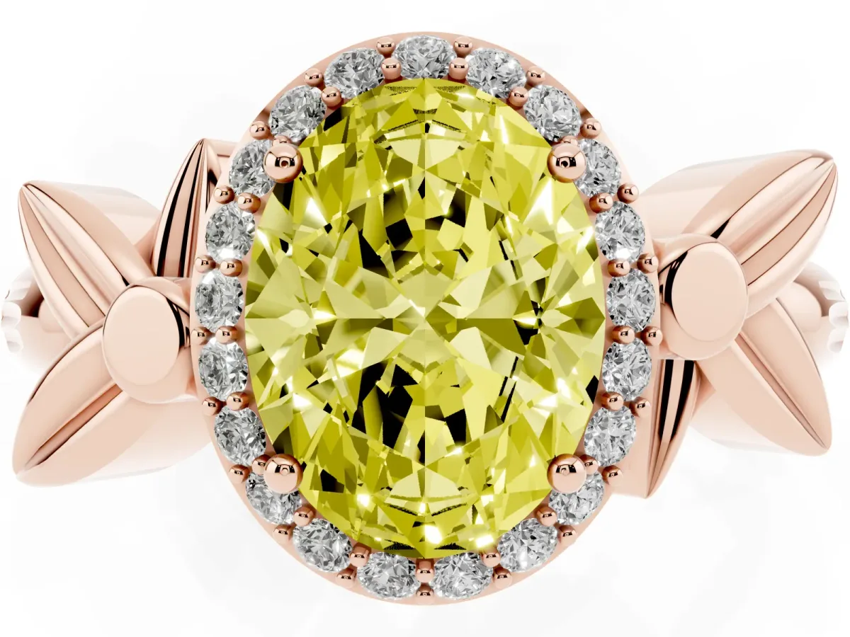 Fancy Yellow Oval Cut Halo Diamond Floral Band with Four-Prong Setting Rose gold