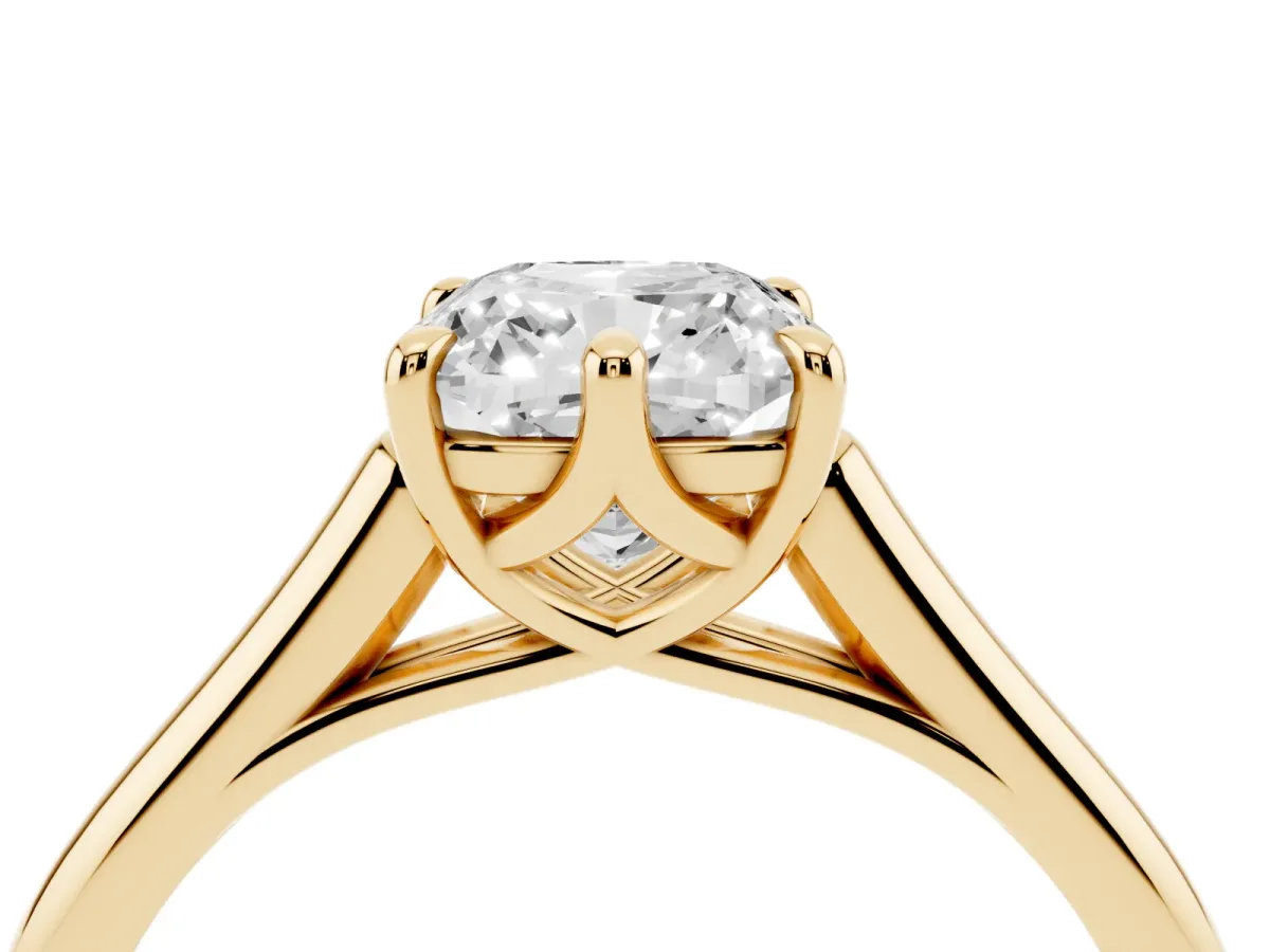 Cushion Cut Solitaire Engagement Ring with Six-Prong Setting and Classic Band Yellow gold