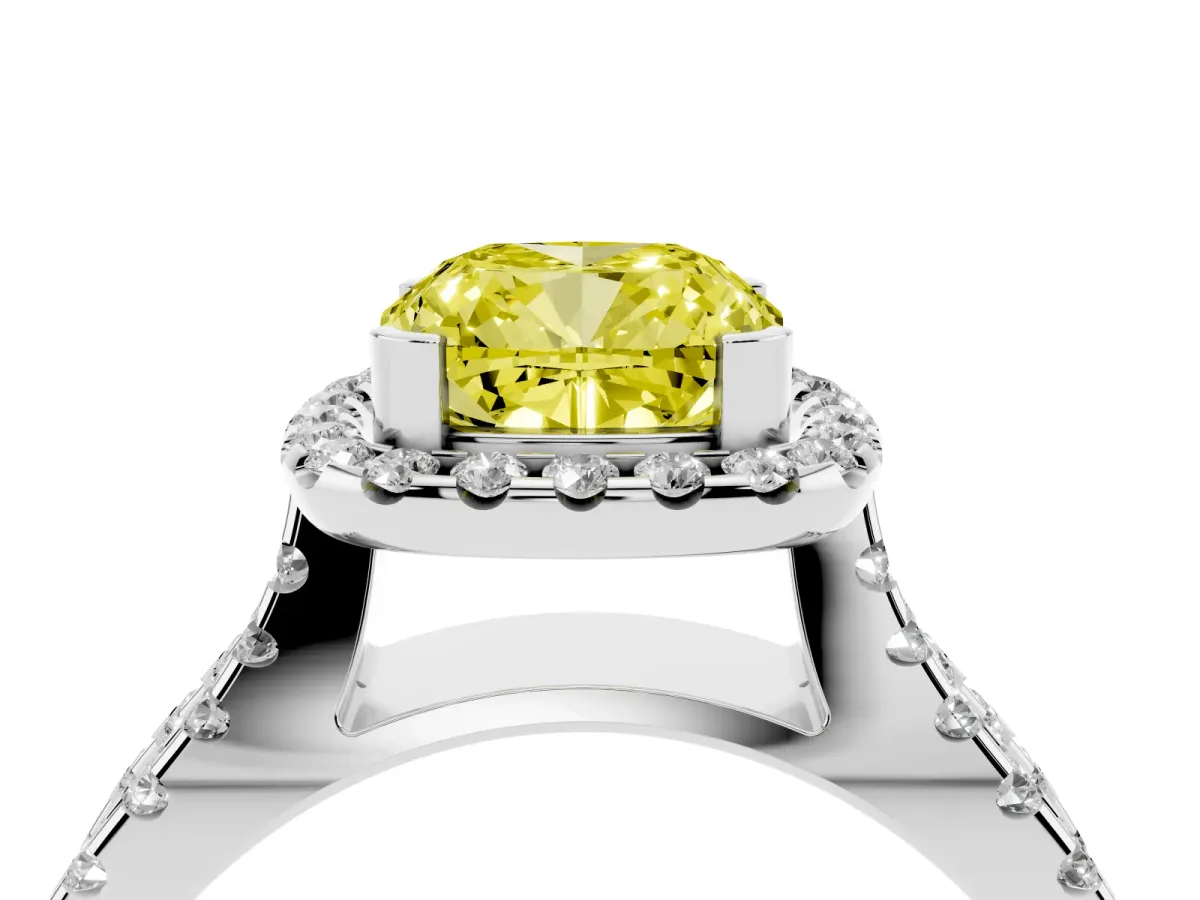 Fancy Yellow Cushion Cut Diamond Halo Ring with Split Shank Pavé Band and Prong Setting Platinum