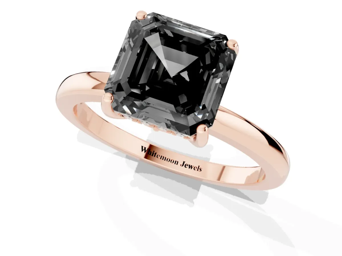 Fancy Black Asscher Cut Solitaire Diamond Ring with Prong Setting and Plain Band Rose gold