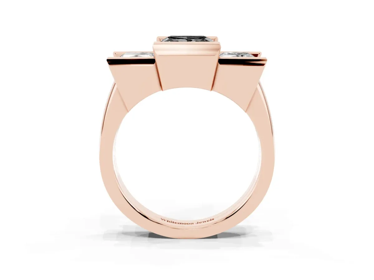 Fancy Black Three Stone Princess Cut Cut Channel Set Diamond Ring Rose gold