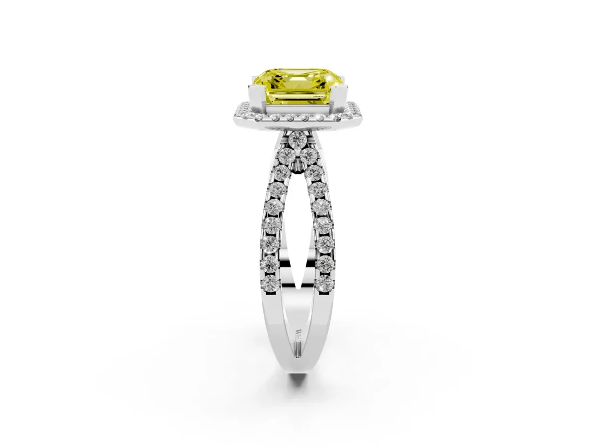 Fancy Yellow Asscher Cut Diamond Halo Ring with Split Shank Pavé Band and Prong Setting Silver