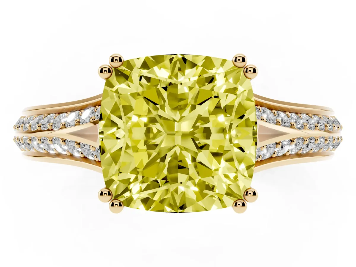 Fancy Yellow Cushion Cut Diamond Split Shank Engagement Ring with Pavé Band Yellow gold