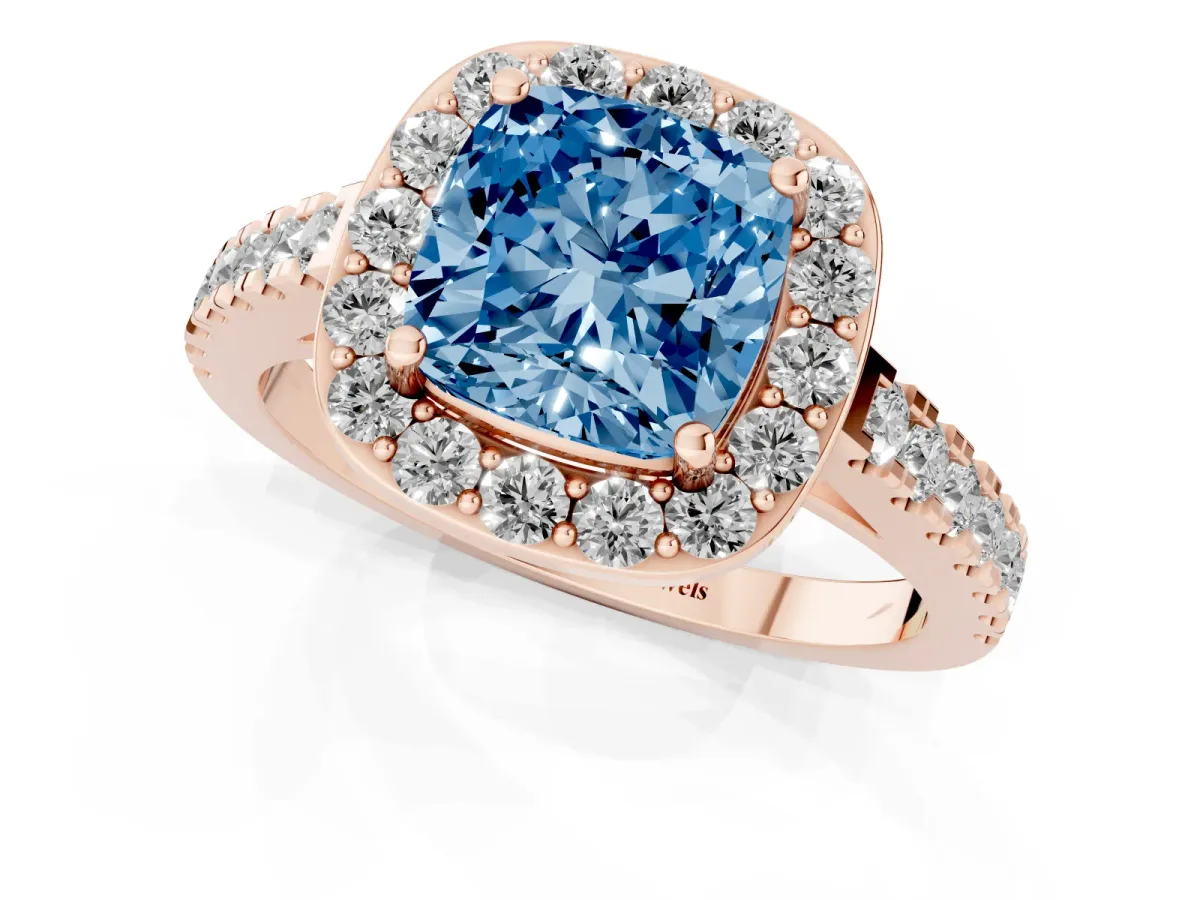 Fancy Blue Cushion Cut Diamond Halo Ring with Round Pavé Split Shank and Prong Setting Rose gold