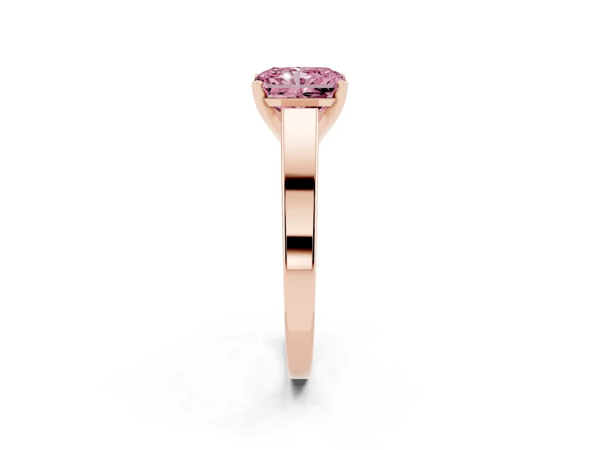 Fancy Pink Radiant Cut Solitaire Engagement Ring with Four-Prong Setting and Tapered Band Rose gold