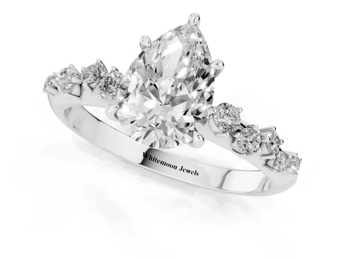 Pear Cut Diamond Cluster Side Stone Solitaire Ring with Prong Setting Silver