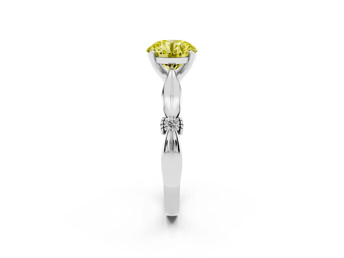 Fancy Yellow Round Cut Solitaire Diamond Twisted Band with Four-Prong Setting Platinum