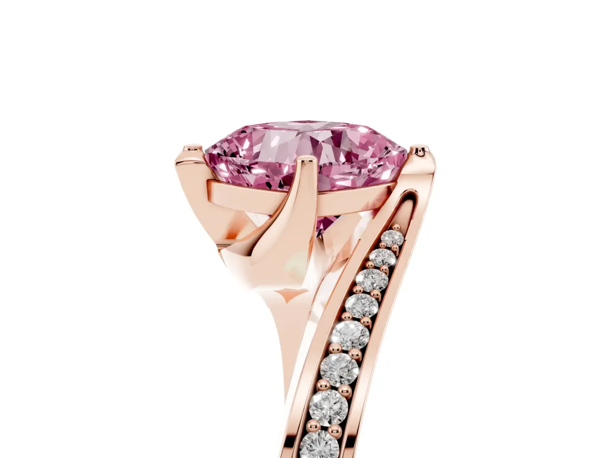 Fancy Pink Cushion Cut Solitaire Diamond Twist Band with Pavé Setting and Four-Prong Setting Rose gold