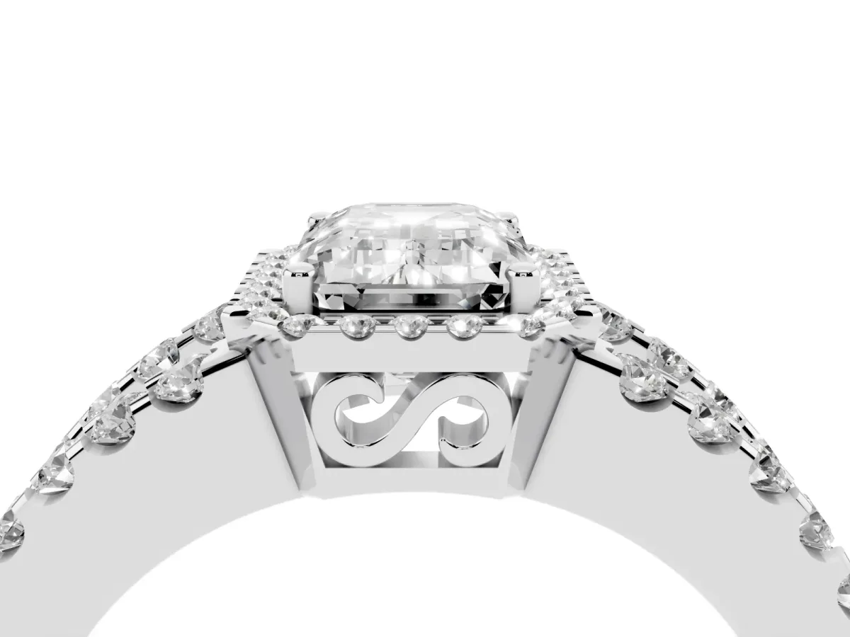 Emerald Cut Cut Halo Split Shank Diamond Ring with Four-Prong Setting Platinum