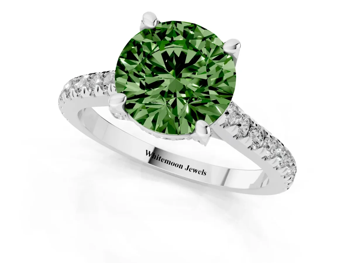 Fancy Green Round Cut Brilliant Diamond Solitaire with Pavé Band and Four-Prong Setting White gold