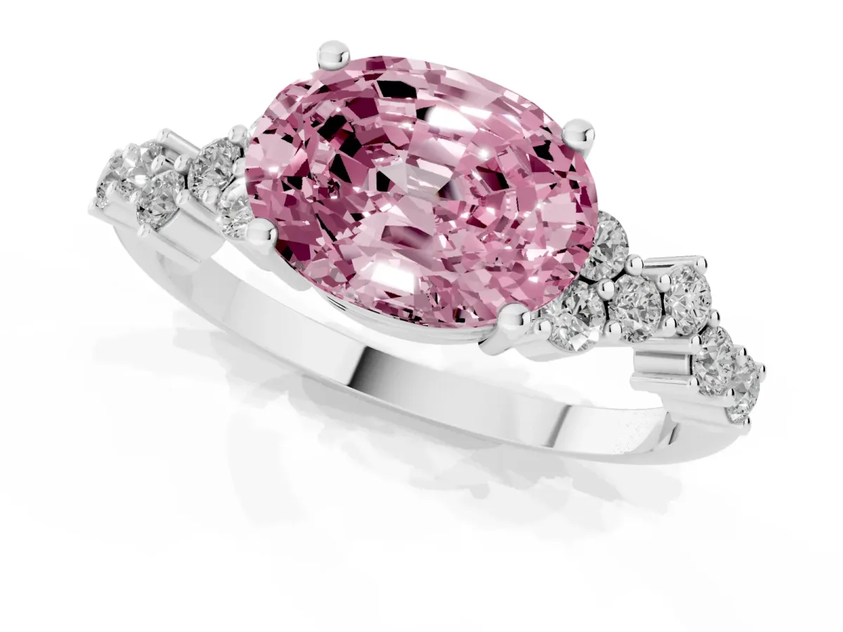 Fancy Pink Oval Cut Diamond Scattered Round Accent Ring with Prong Setting Platinum