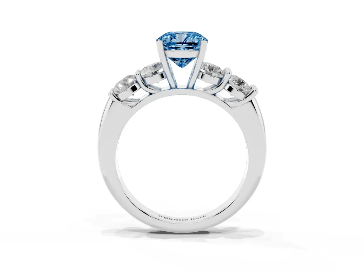Fancy Blue Cushion Cut Cut Five-Stone Prong Set Diamond Ring with Classic Band Silver