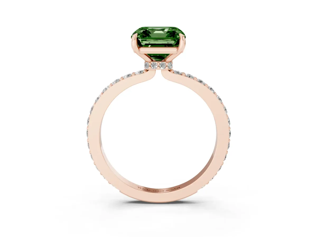 Fancy Green Asscher Cut Diamond Pavé Engagement Ring with Round Accents and Prong Setting Rose gold