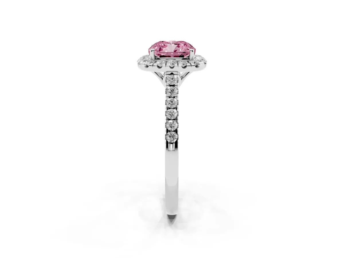 Fancy Pink Cushion Cut Halo Pavé Diamond Engagement Ring with Four-Prong Setting Silver