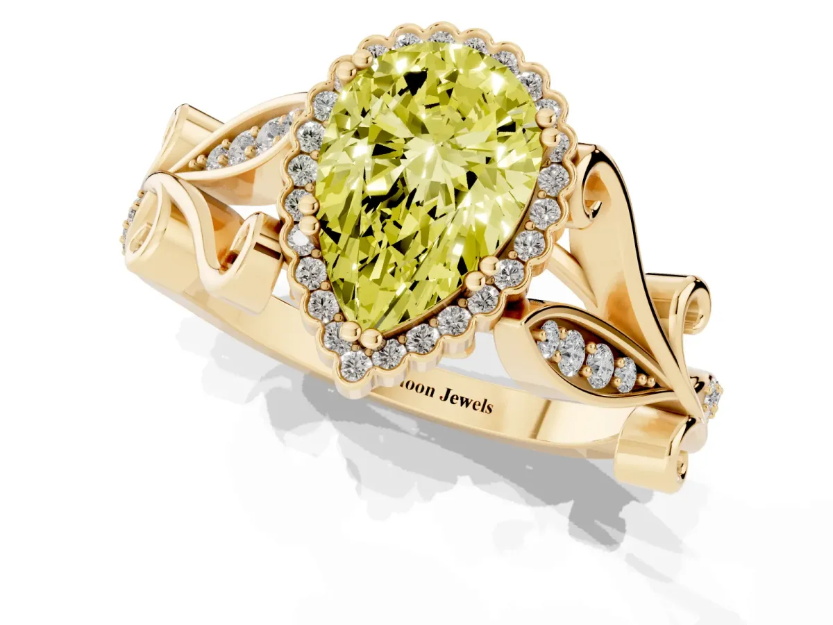 Fancy Yellow Pear Cut Diamond Halo Ring with Vintage Split Shank and Four-Prong Setting Yellow gold