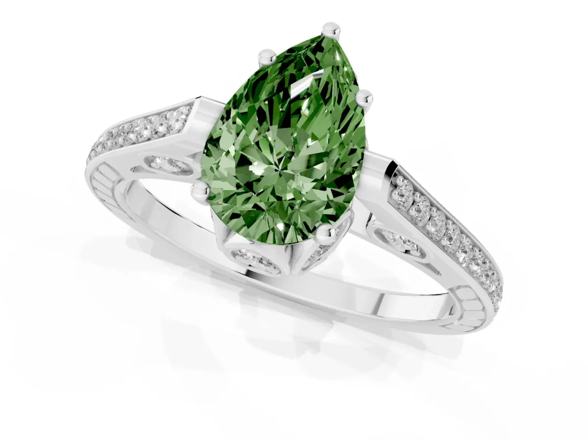 Fancy Green Pear Cut Cut Cathedral Pave Diamond Engagement Ring with Six-Prong Setting Silver