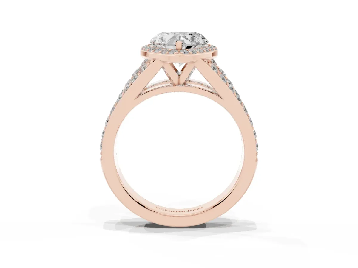 Heart Cut Diamond Split Shank Halo Ring with Four-Prong Setting Rose gold