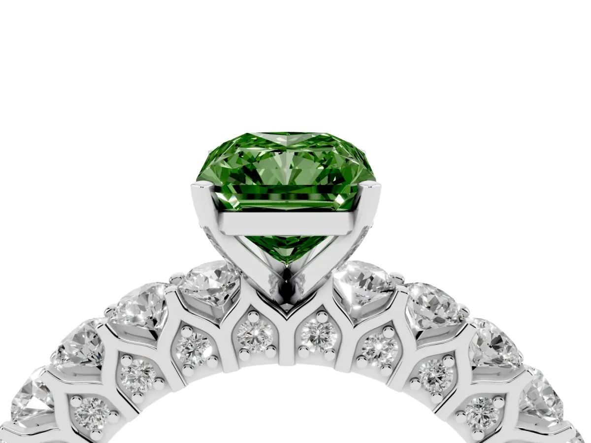 Fancy Green Radiant Cut Diamond Solitaire Ring with Shared Prong Pavé Band and Four-Prong Setting Silver