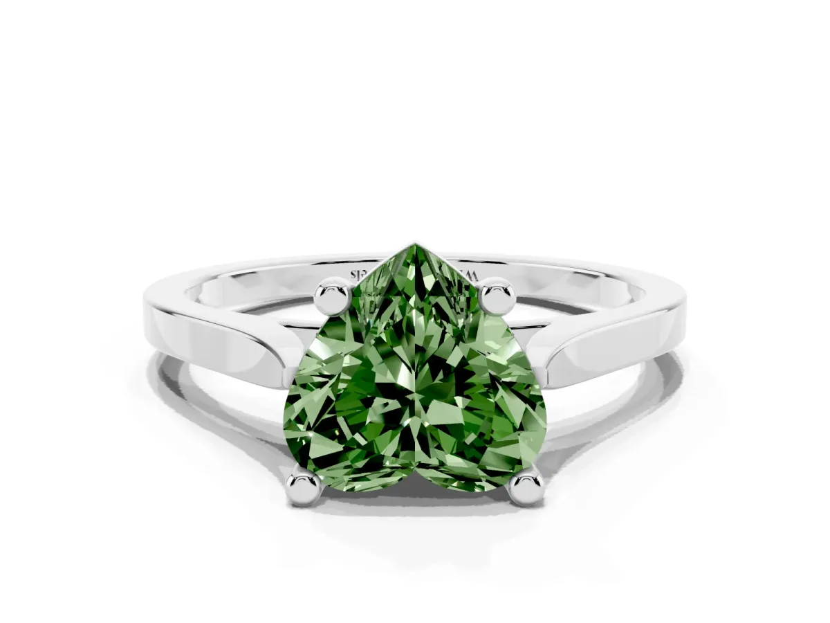 Fancy Green Heart Cut Solitaire Diamond Ring with Four-Prong Setting and Tapered Band Platinum