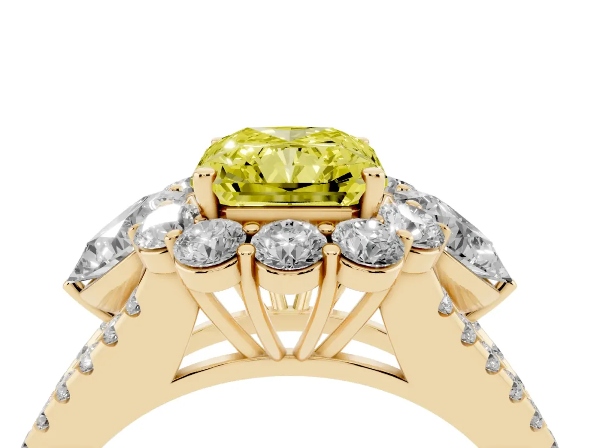Fancy Yellow Radiant Cut Halo Split Shank Diamond Engagement Ring with Prong Setting Yellow gold