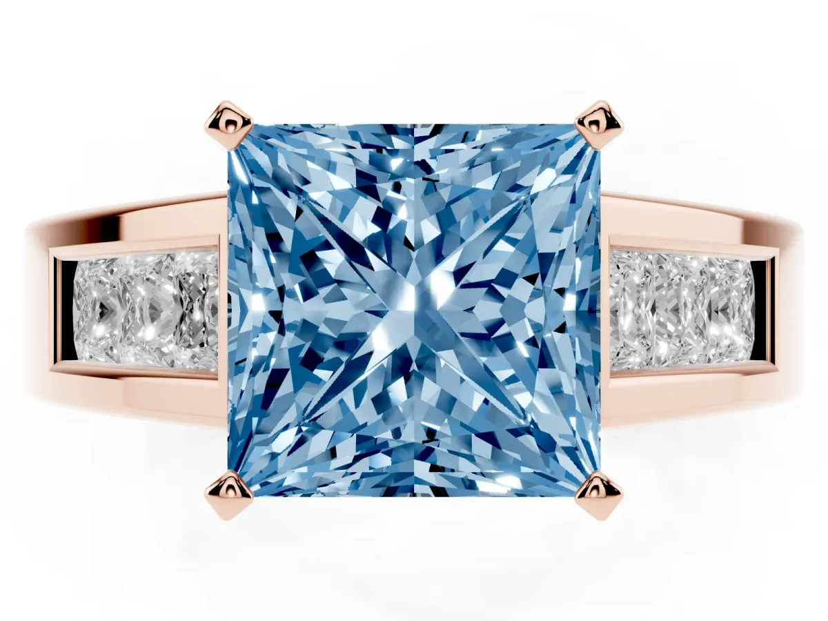 Fancy Blue Princess Cut Cut Channel Set Solitaire Ring with Four-Prong Setting Rose gold