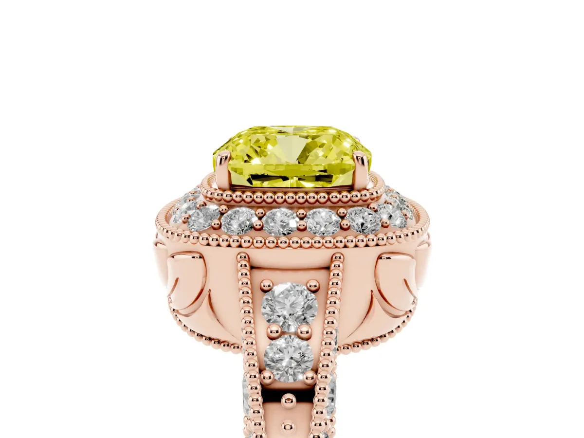 Fancy Yellow Cushion Cut Halo Diamond Split Shank Ring with Milgrain Detail Rose gold