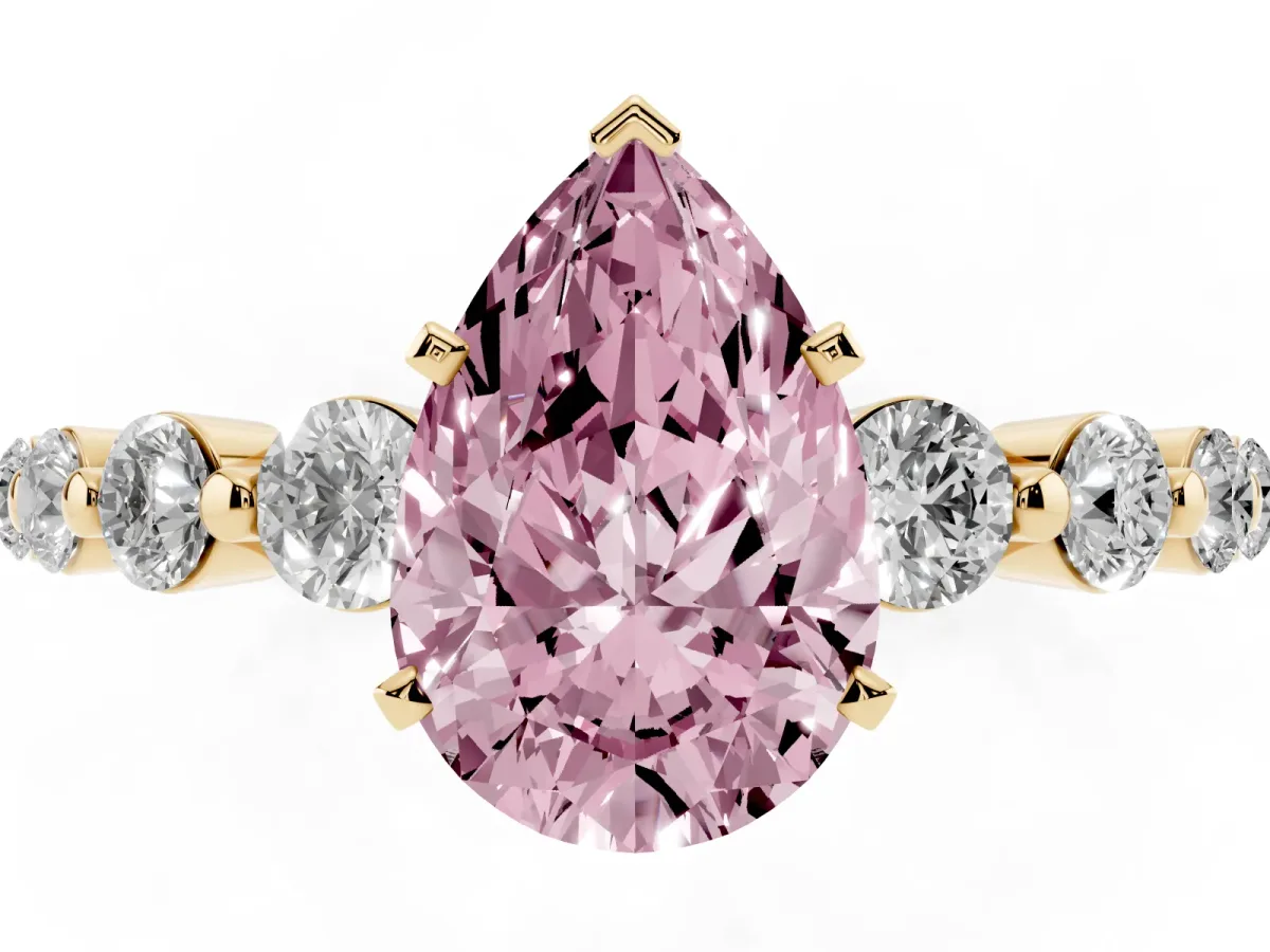 Fancy Pink Pear Cut Solitaire Diamond Ring with Pave Band and Four-Prong Setting Yellow gold