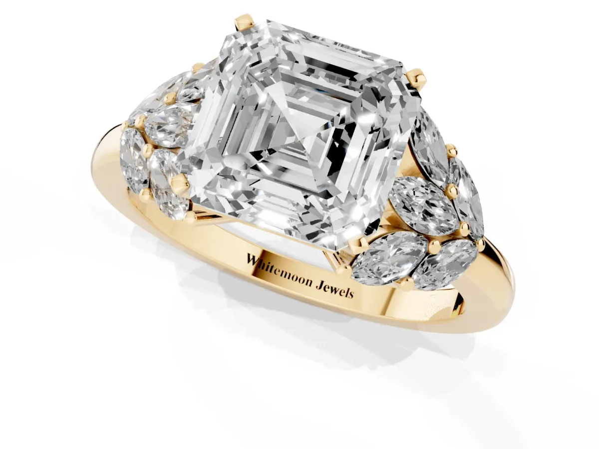 Asscher Cut Diamond Cluster Leaf Design Ring with Prong Setting Yellow gold